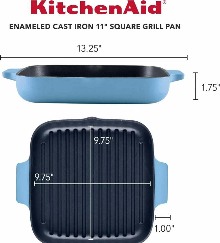 KitchenAid Blue Velvet 11-Inch Enameled Cast Iron Square Grill Pan and Roasting Dish