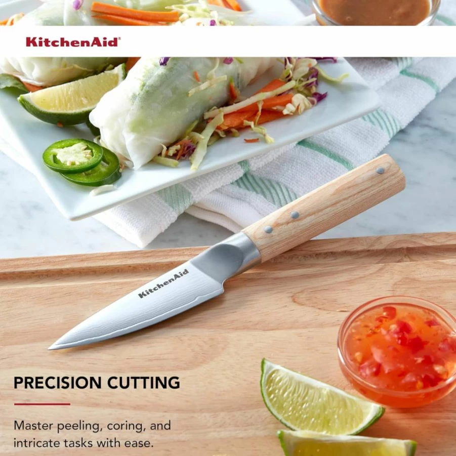 KitchenAid Aus-10 Damascus Steel 5-Inch Santoku Knife with Triple Rivet Pakkawood Handle - Premium Sharp Kitchen Knife