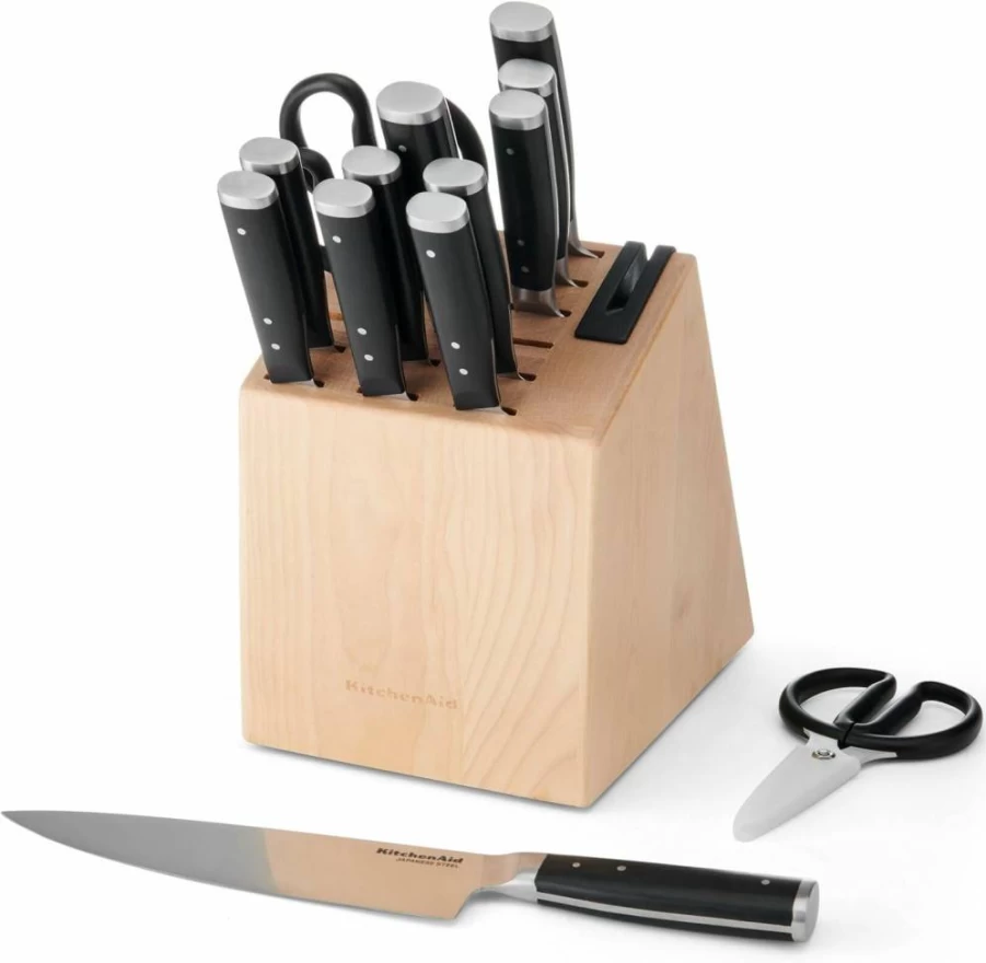 KitchenAid 14-Piece Forged Stainless Steel Knife Set with Block & Sharpener, High-Carbon Japanese Steel Blades, Black Two-Tone Finish