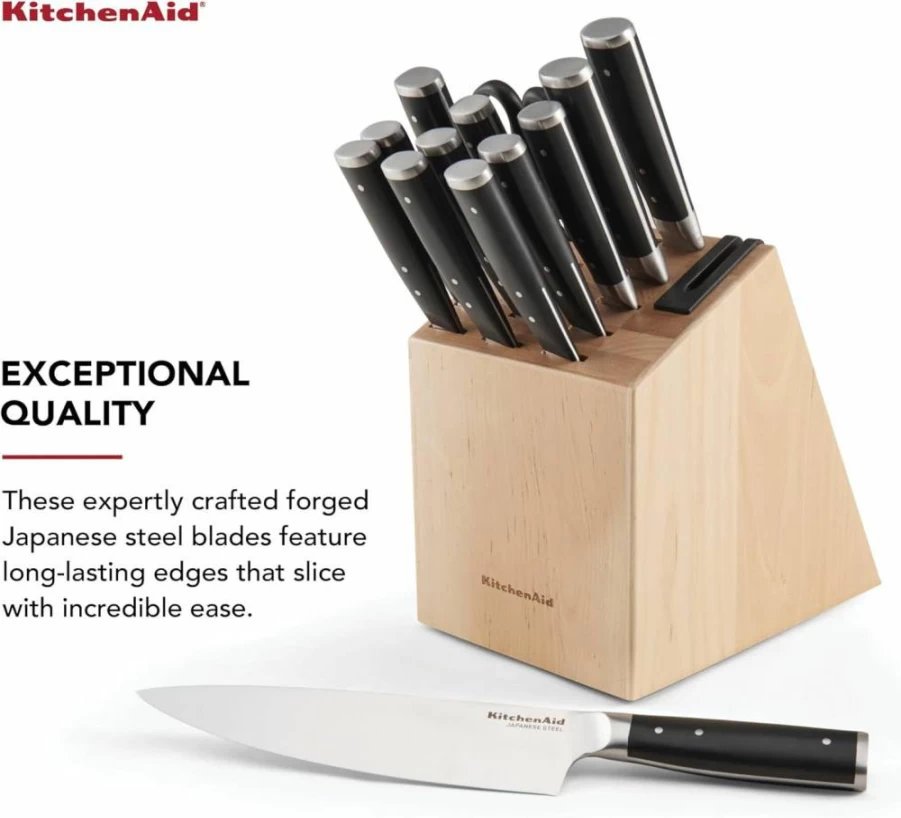 KitchenAid 14-Piece Forged Stainless Steel Knife Set with Block & Sharpener, High-Carbon Japanese Steel Blades, Black Two-Tone Finish