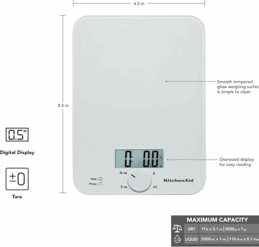 KitchenAid KQ914BA 11 lb Digital Kitchen Scale for Baking, Cooking & Meal Prep - Precise Measurements for Dry & Liquid Ingredients, Tare Function, Rotating Knob, Black Glass Top
