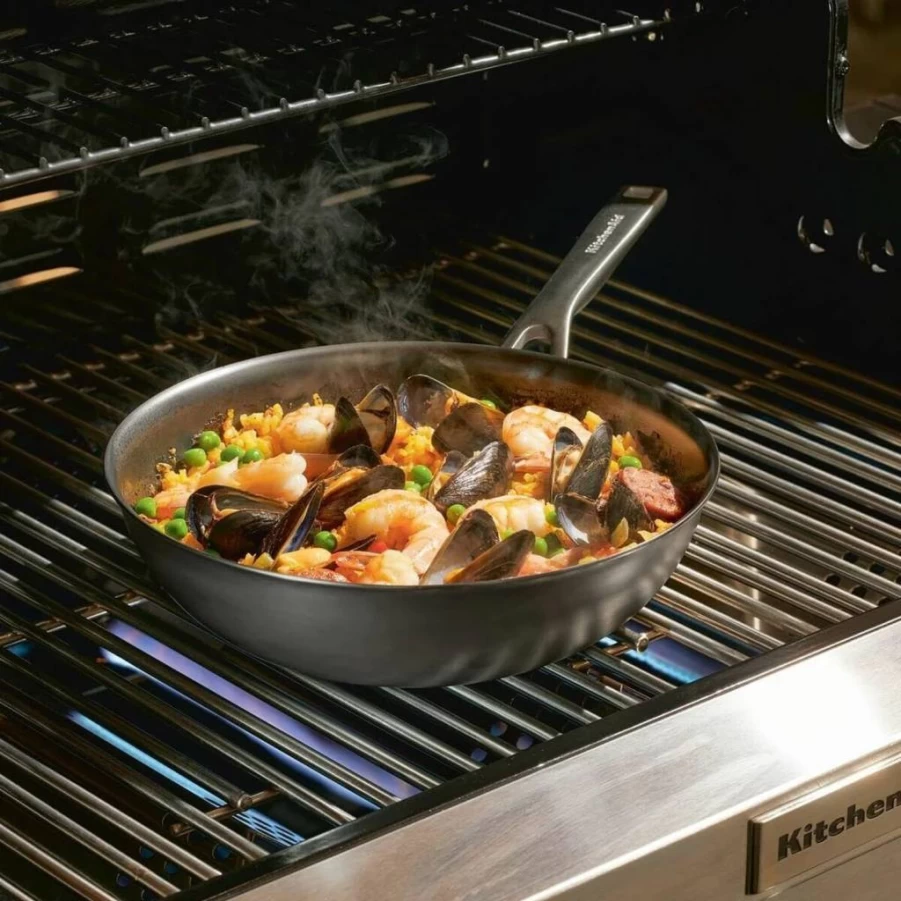 KitchenAid 12 Inch Carbon Steel Fry Pan with Stainless Steel Handle - Black Skillet for All Cooktops, Durable Nitro Coating, Side Handle