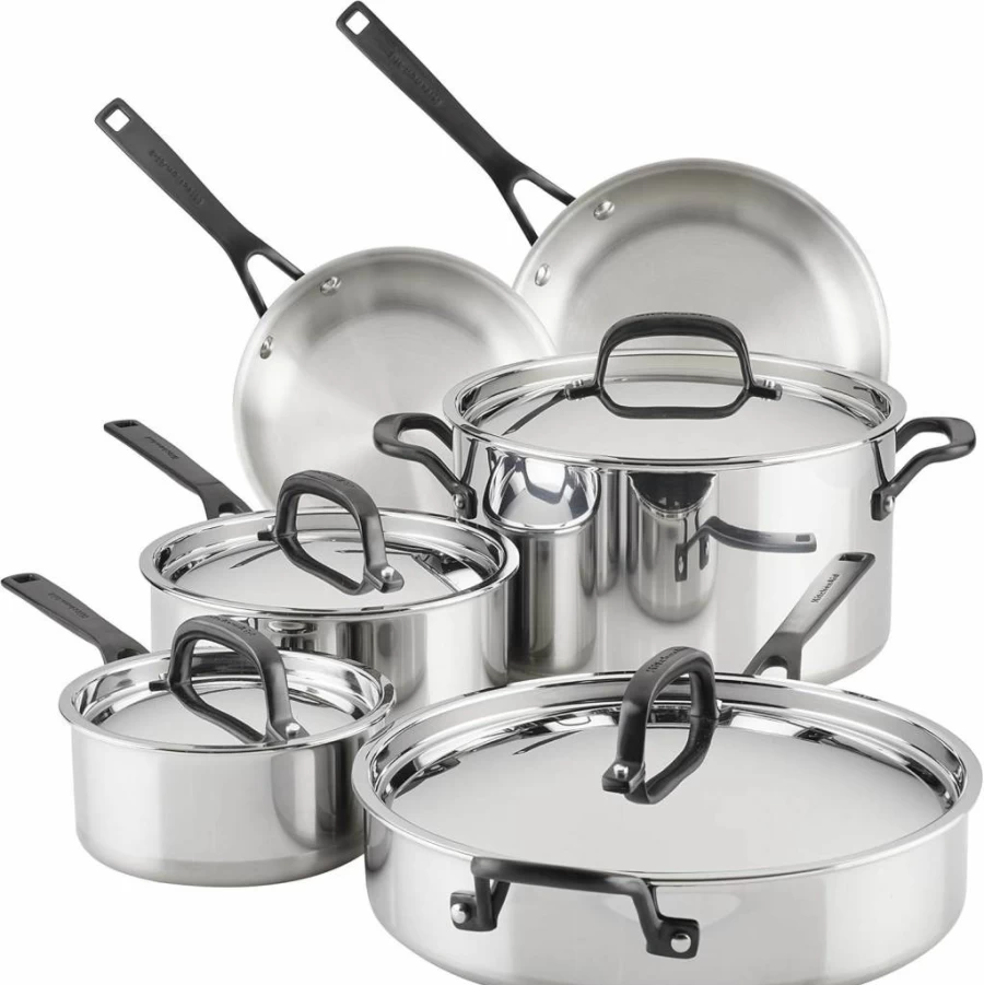 KitchenAid 10-Piece Stainless Steel Cookware Set, 5-Ply Clad Pots and Pans, Polished Finish
