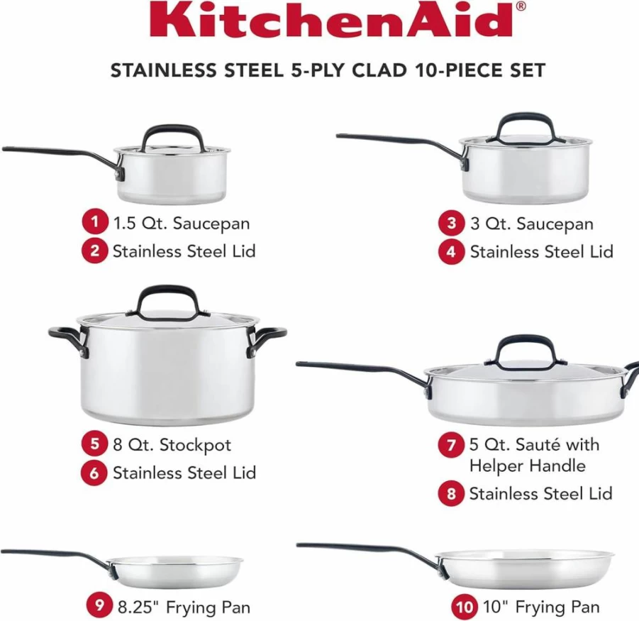 KitchenAid 10-Piece Stainless Steel Cookware Set, 5-Ply Clad Pots and Pans, Polished Finish