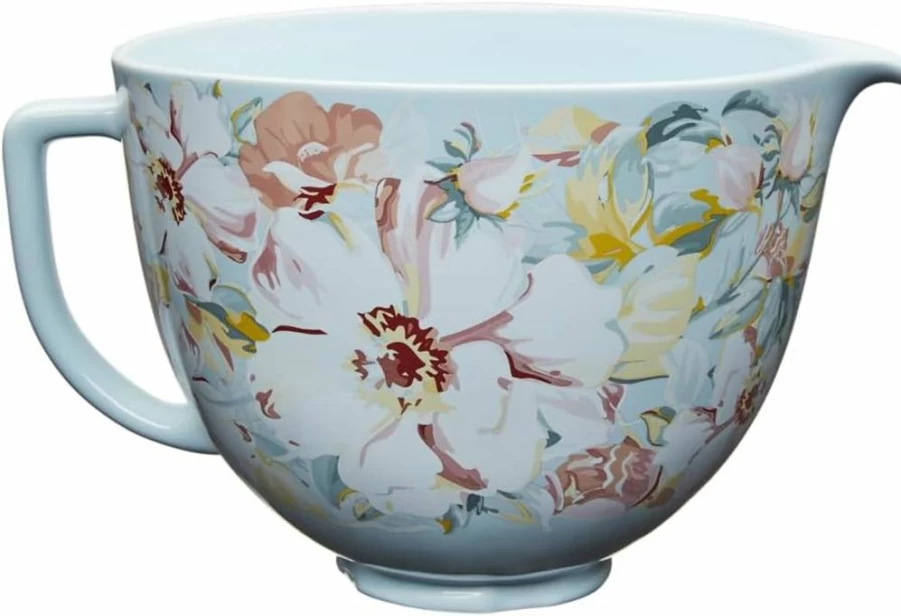 KitchenAid 5 Quart Ceramic Mixing Bowl - Compatible with 4.5-5QT Tilt-Head Stand Mixers (Model KSM2CB5PWG), White Gardenia Design, Durable & Stylish Replacement Bowl