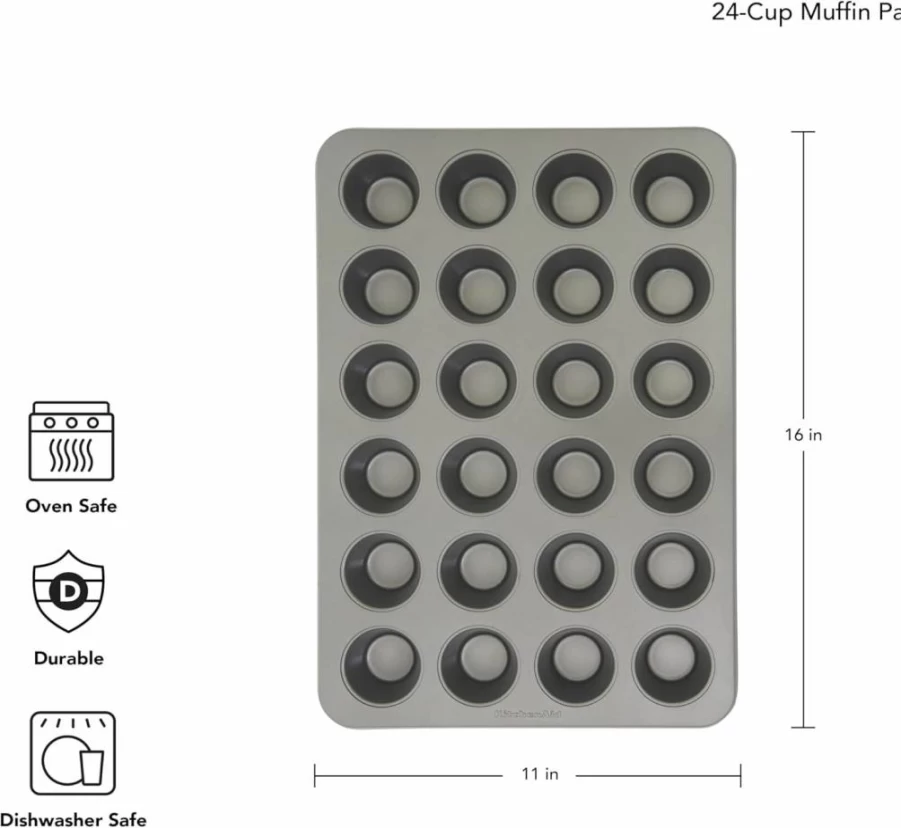KitchenAid Nonstick Mini Muffin Pan - 24-Cup Aluminized Steel Baking Tray, Ink Blue