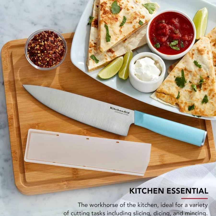 KitchenAid 8 Inch Classic Chef Knife - High-Carbon Japanese Stainless Steel Blade, Sharp Kitchen Knife with Custom-Fit Blade Cover, Gray