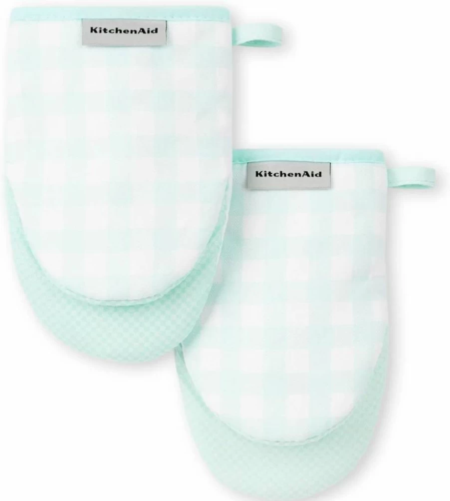 KitchenAid Grey Gingham Mini Oven Mitts Set of 2, Heat-Resistant 5.5x8 Inch Kitchen Gloves