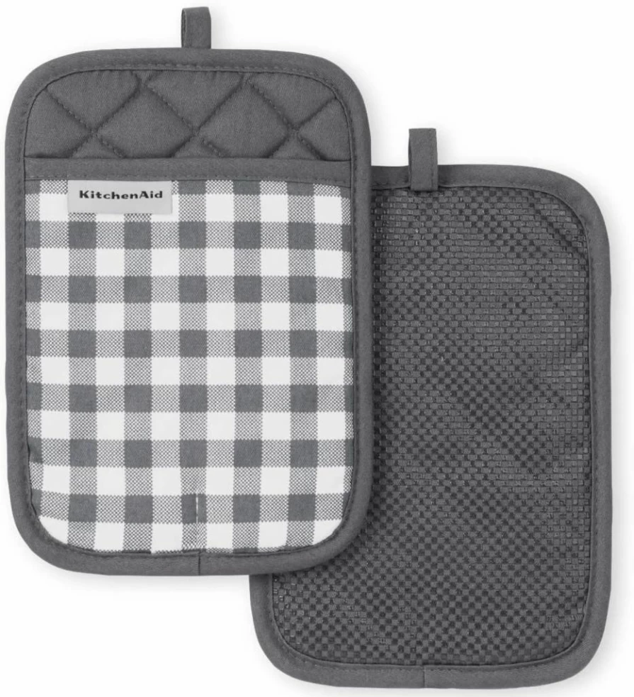KitchenAid Pistachio Green Gingham Pattern Oven Mitts 2-Pack, 7x10 Inch Heat Resistant Pot Holders Set for Kitchen Baking & Cooking