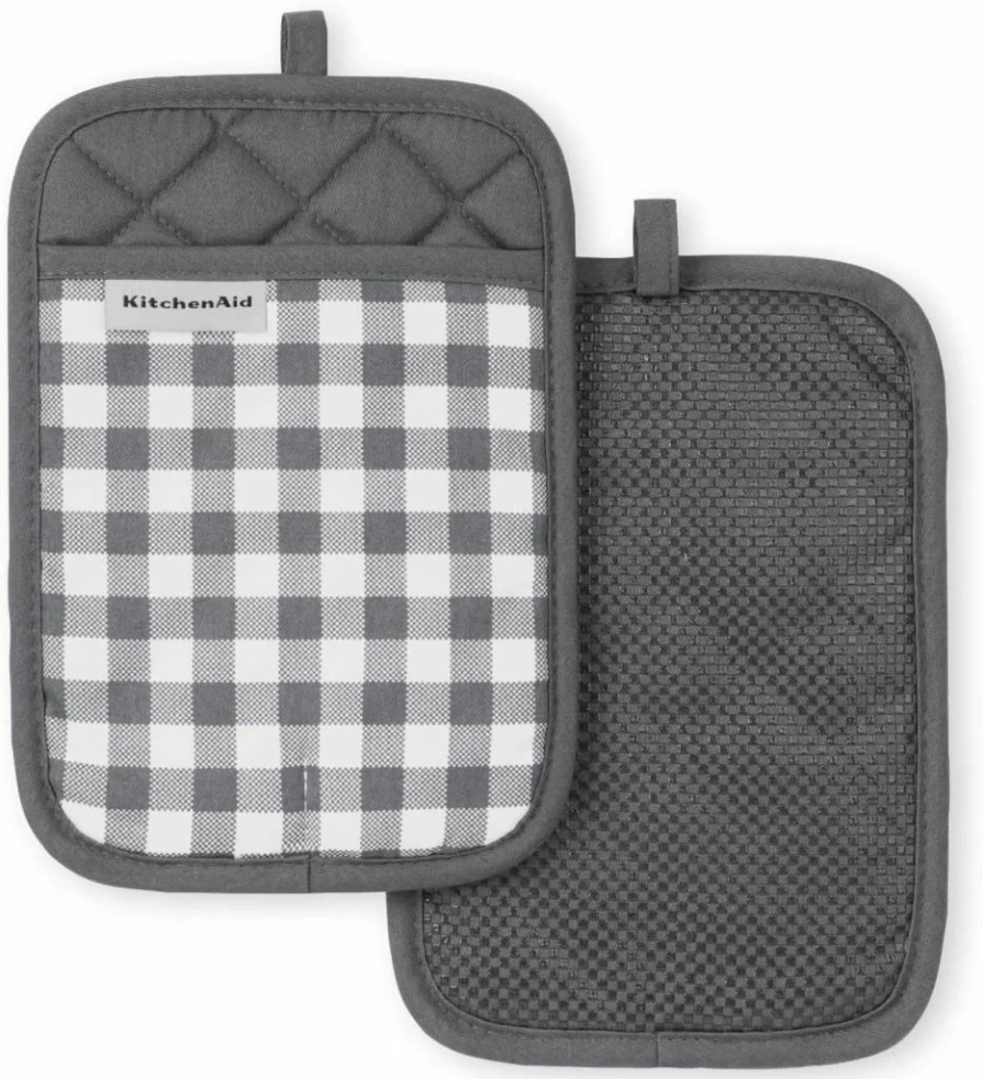 KitchenAid Blue Velvet Gingham Pot Holders Set of 2, Heat Resistant 7x10 Inch Kitchen Mitts for Cooking and Baking