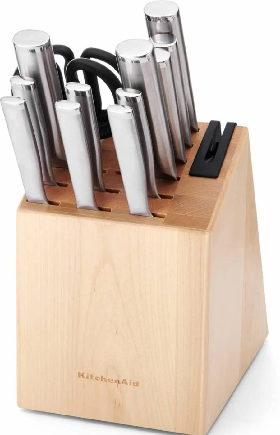 KitchenAid 14-Piece Japanese Stainless Steel Knife Block Set with Built-In Sharpener, High Carbon Kitchen Knives in Birchwood Stand