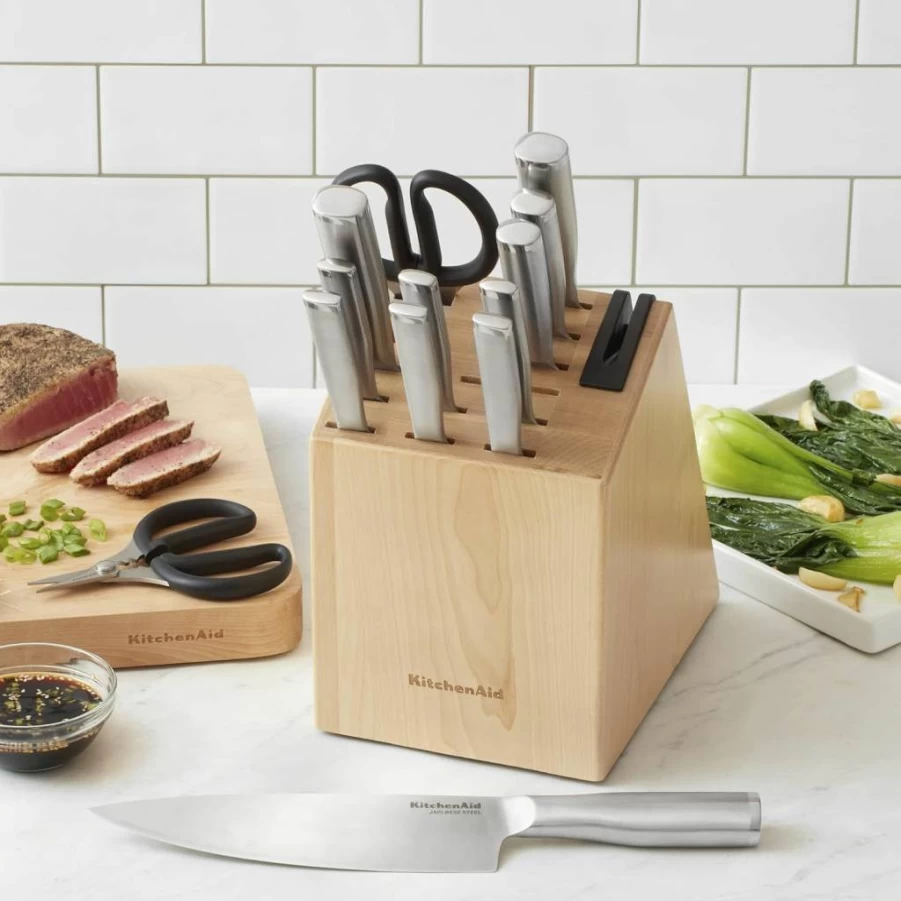 KitchenAid 14-Piece Japanese Stainless Steel Knife Block Set with Built-In Sharpener, High Carbon Kitchen Knives in Birchwood Stand