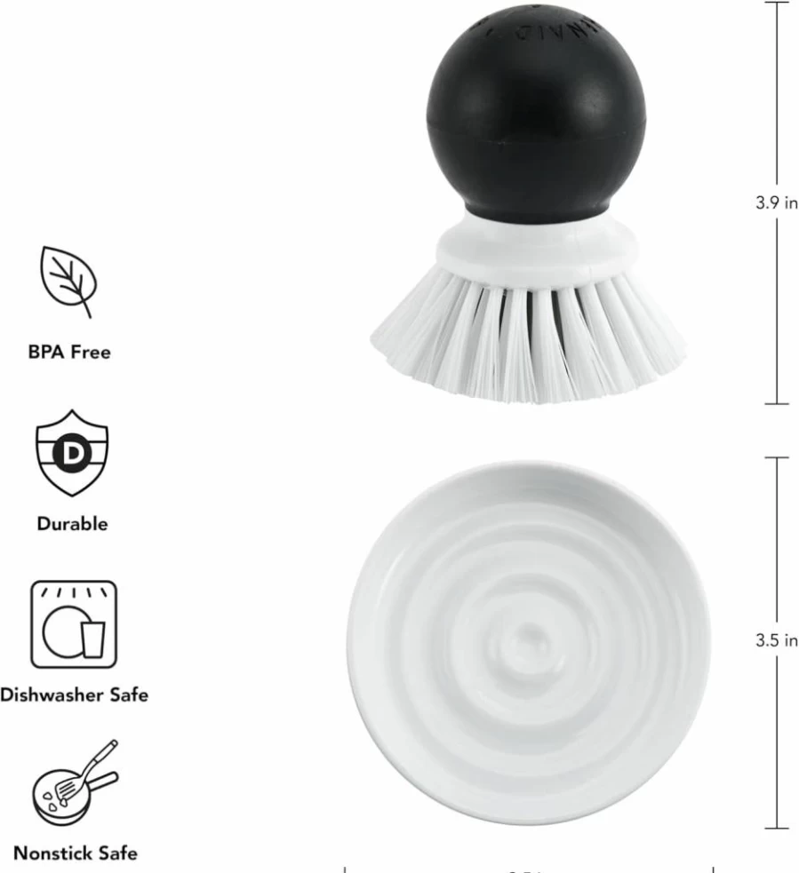 KitchenAid Dish Brush with Drying Tray - Durable Nylon Bristles for Tough Cleaning, Dishwasher Safe Countertop Organizer, 2-Piece Set in Black