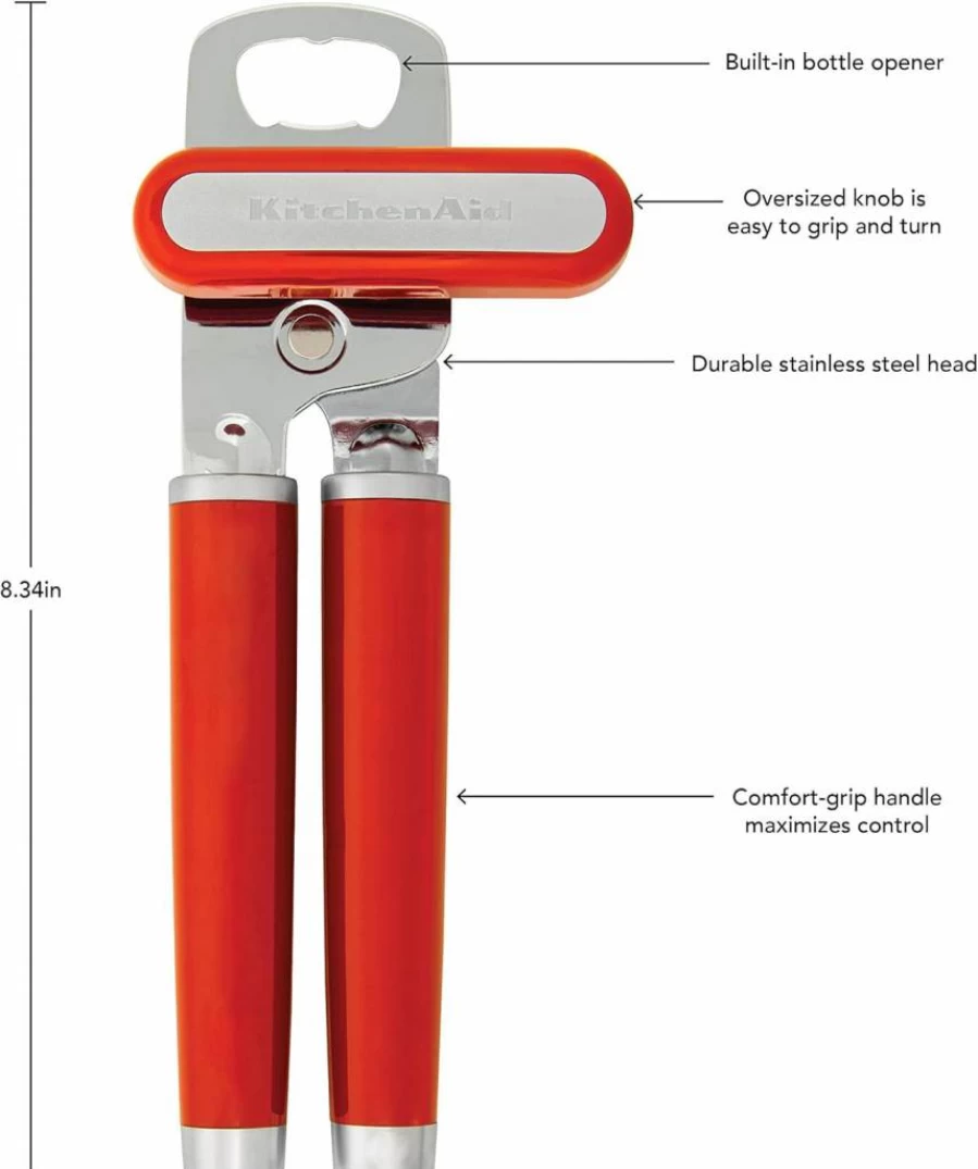 KitchenAid Classic Can Opener with Bottle Opener - Stainless Steel Cutting Wheel, Ergonomic Handle, Easy Open Design for Effortless Use