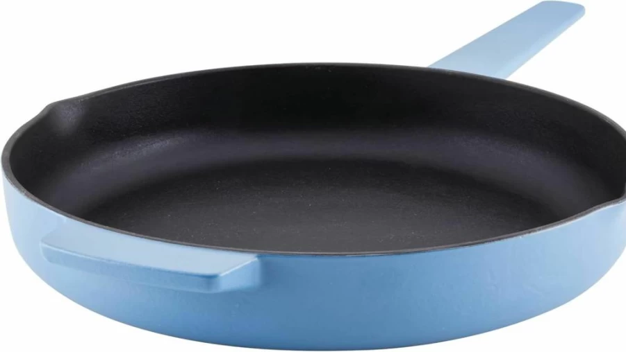 KitchenAid 12 Inch Blue Velvet Enameled Cast Iron Skillet with Helper Handle and Pour Spouts, Pre-Seasoned Oven Safe Frying Pan