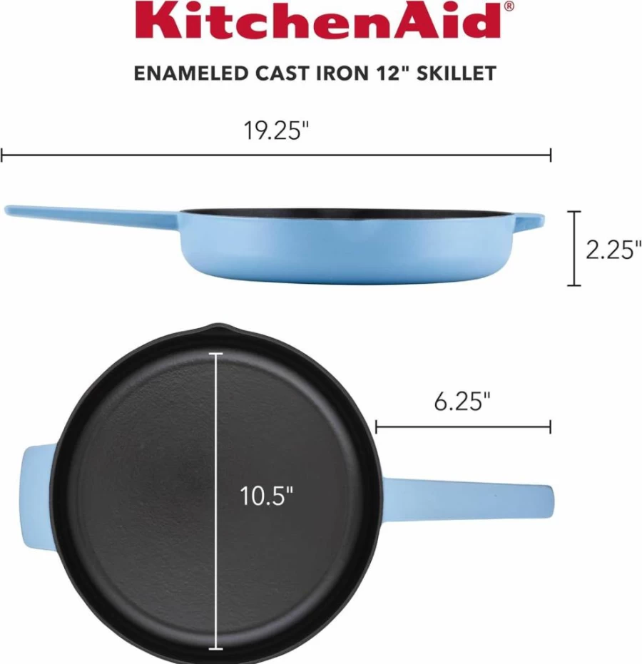 KitchenAid 12 Inch Blue Velvet Enameled Cast Iron Skillet with Helper Handle and Pour Spouts, Pre-Seasoned Oven Safe Frying Pan