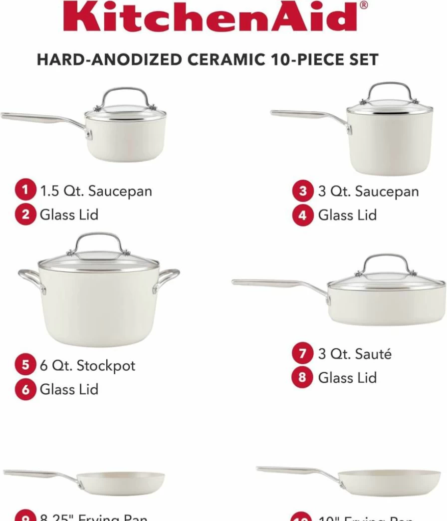 KitchenAid 9-Piece Nonstick Cookware Set - Hard Anodized Ceramic, Oven Safe to 500°F, Includes Fry Pans, Saucepan & Stockpot, Even Heat Distribution, Matte Black