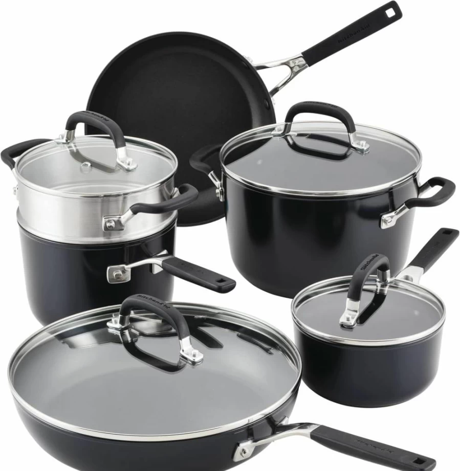 KitchenAid 10-Piece Nonstick Hard Anodized Cookware Set, Matte Black Pots and Pans for Kitchen