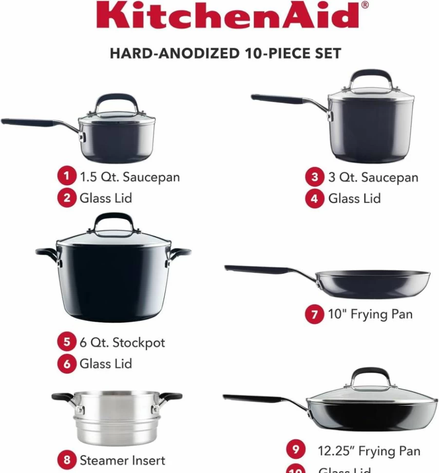 KitchenAid 10-Piece Nonstick Hard Anodized Cookware Set, Matte Black Pots and Pans for Kitchen