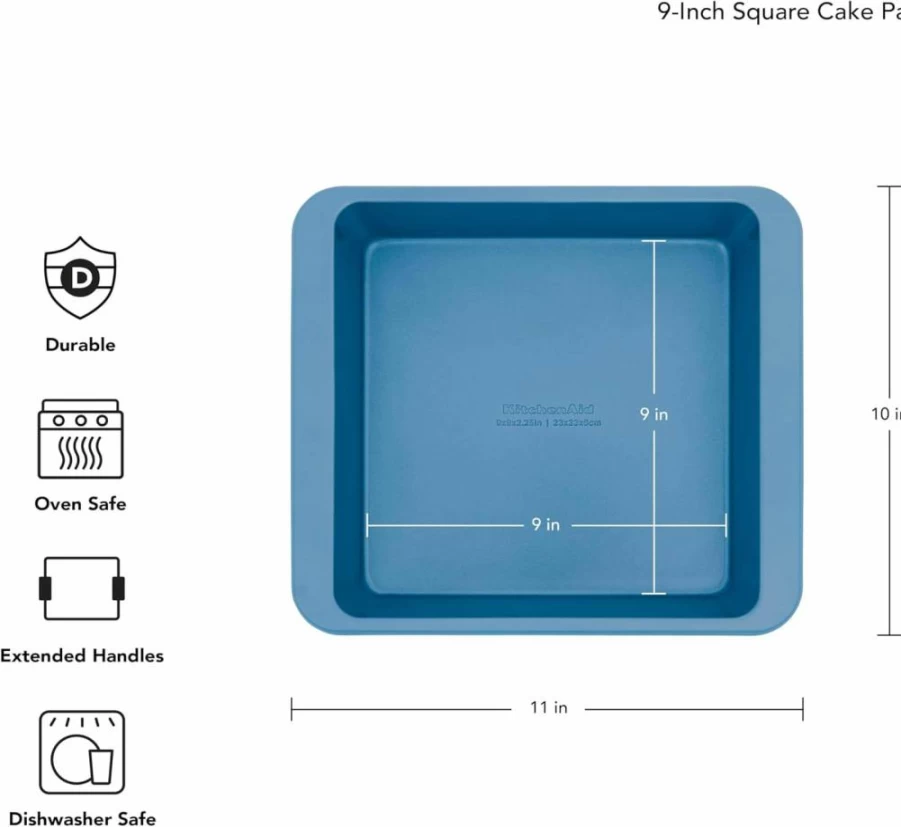 KitchenAid 9-Inch Nonstick Square Cake Pan, Swiss Engineered Aluminized Steel, Dishwasher Safe, Durable Baking Pan for Even Heat Distribution
