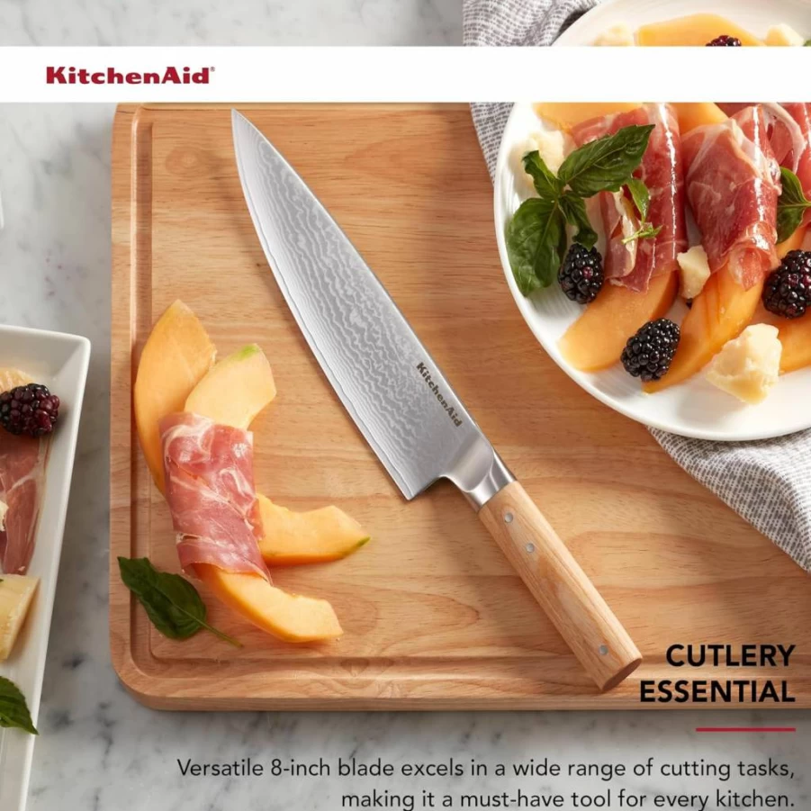 KitchenAid 6-Piece Knife Set with Damascus Steel Blades, Pakkawood Handles - Chef, Santoku, Slicing, Utility & Paring Knives - Space-Saving Ashwood Block
