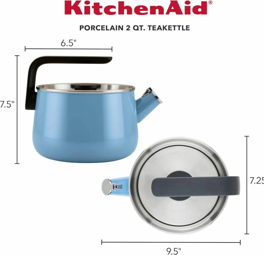 KitchenAid 2 Quart Blue Velvet Whistling Tea Kettle, Enamel-on-Steel Stovetop Kettle with Stainless Steel Lid, Induction Ready