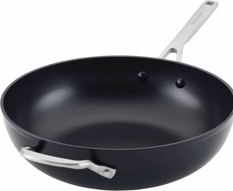 KitchenAid 12.25 Inch Nonstick Stir Fry Pan - Hard Anodized Induction Wok with Helper Handle, Matte Black Cookware