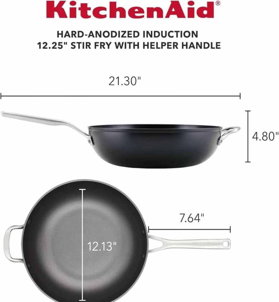 KitchenAid 12.25 Inch Nonstick Stir Fry Pan - Hard Anodized Induction Wok with Helper Handle, Matte Black Cookware