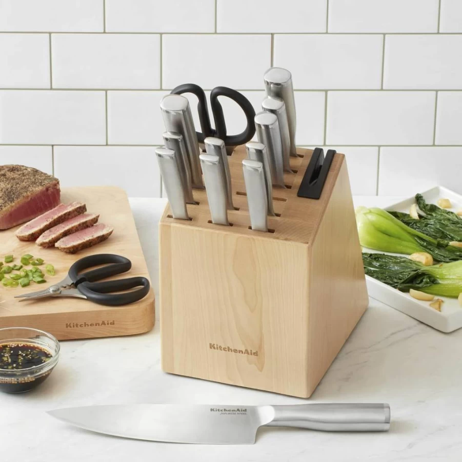 KitchenAid 15-Piece Stainless Steel Knife Block Set with Built-In Sharpener - Gourmet Kitchen Cutlery Collection