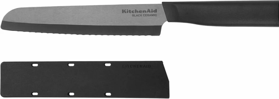 KitchenAid 8-Inch Black Ceramic Bread Knife with Serrated Edge & Blade Cover – Dishwasher Safe, Sharp Kitchen Knife for Slicing