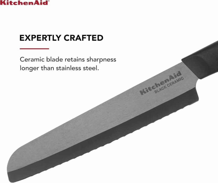 KitchenAid 8-Inch Black Ceramic Bread Knife with Serrated Edge & Blade Cover – Dishwasher Safe, Sharp Kitchen Knife for Slicing