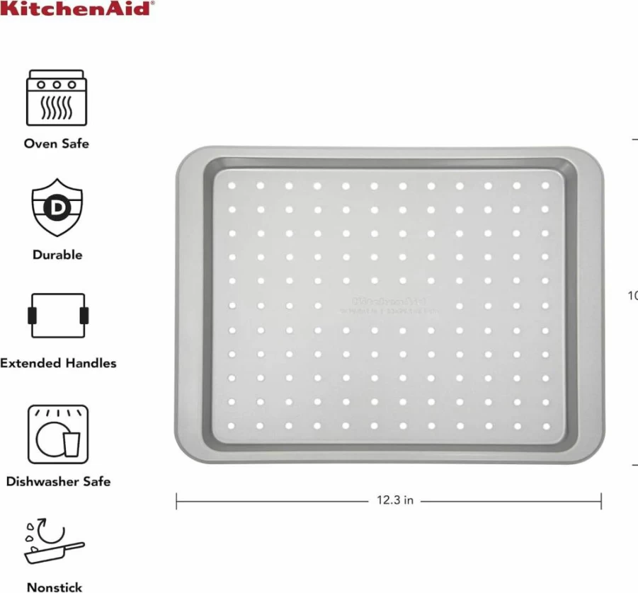 KitchenAid 12.3 x 10 Inch Silver Crisper Pan for Countertop Oven - Premium Baking & Roasting Accessory