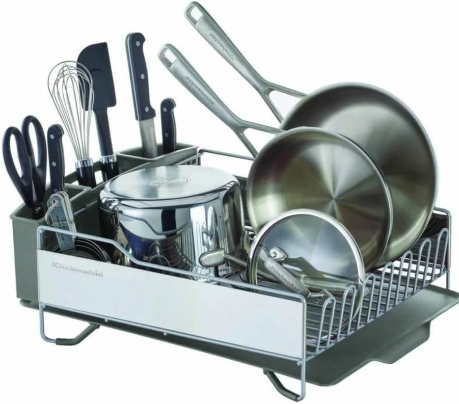 KitchenAid Large Dish Rack with Angled Drain Board, Removable Utensil Holder & Rust-Proof Design, Light Grey Countertop Organizer