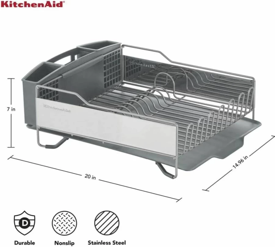 KitchenAid Large Dish Rack with Angled Drain Board, Removable Utensil Holder & Rust-Proof Design, Light Grey Countertop Organizer