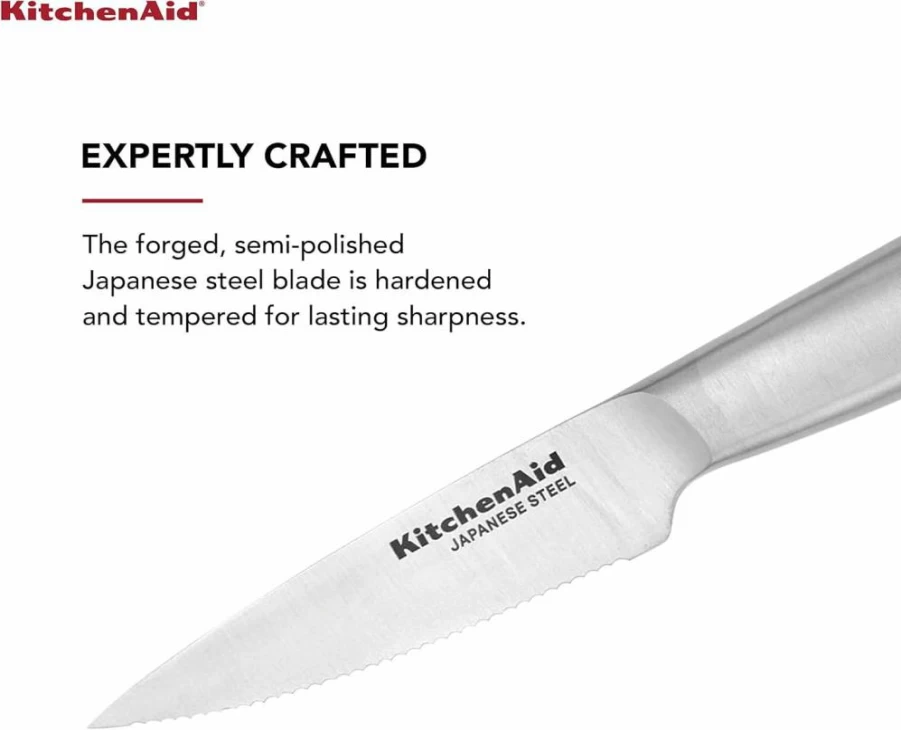 KitchenAid 5.5-Inch Serrated Utility Knife - High-Carbon Japanese Stainless Steel Blade, Brushed Handle, Includes Custom Blade Cover