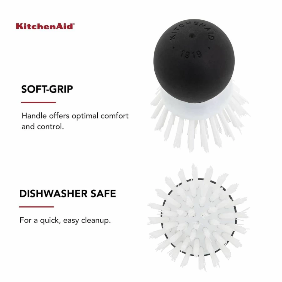 KitchenAid Vegetable Brush with Soft Grip Handle for Scrubbing Hard-Skinned Produce, Durable Bristles, Dishwasher Safe, 2.05 Inch, Black