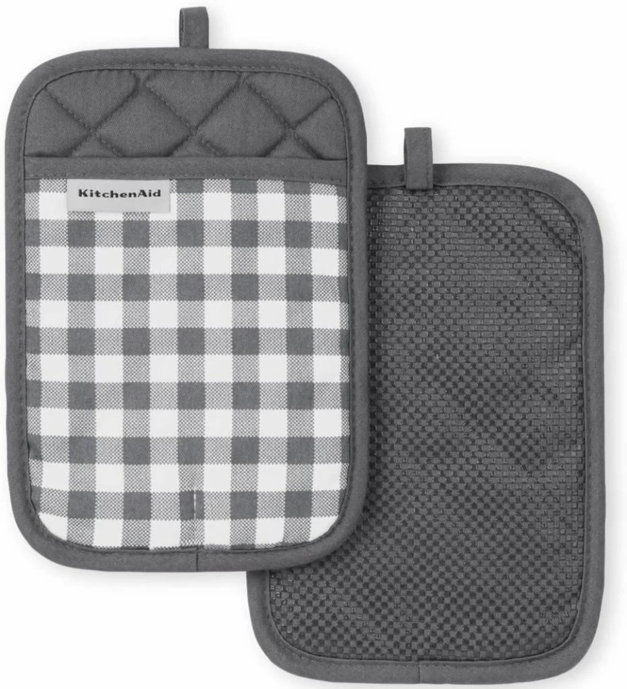 KitchenAid Matte Black Gingham Oven Mitts 2-Pack - 7x10 Inch Heat Resistant Pot Holders Set for Kitchen Baking & Cooking