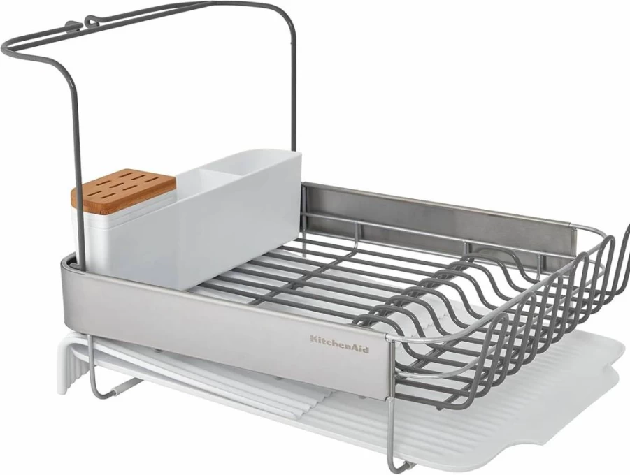 KitchenAid 24-Inch Black Expandable Dish Rack with Rust-Resistant Finish and Angled Self-Draining Drainboard for Full-Size Kitchen Storage