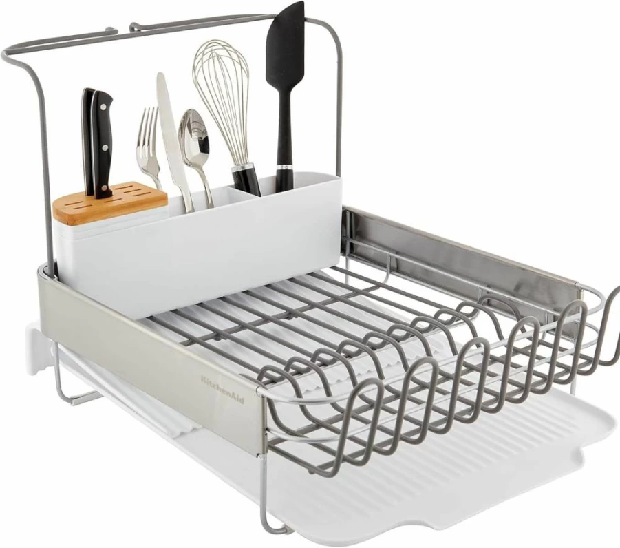 KitchenAid 24-Inch Black Expandable Dish Rack with Rust-Resistant Finish and Angled Self-Draining Drainboard for Full-Size Kitchen Storage