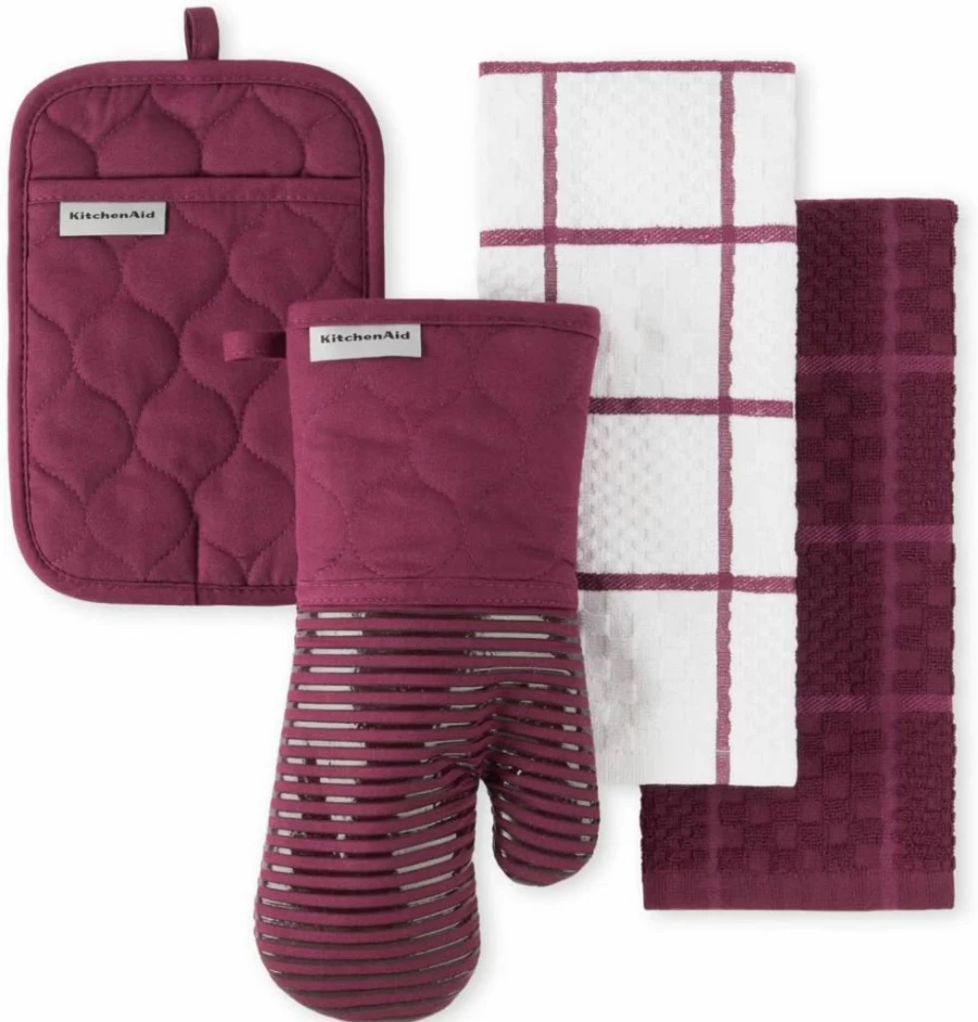 KitchenAid Heat Resistant Quilted Cotton Oven Mitt and Pot Holder Set, 16"x26" Towel with 7"x13" & 7"x10" Mitts, Passion Red, Premium Terry Cloth Kitchen Accessories