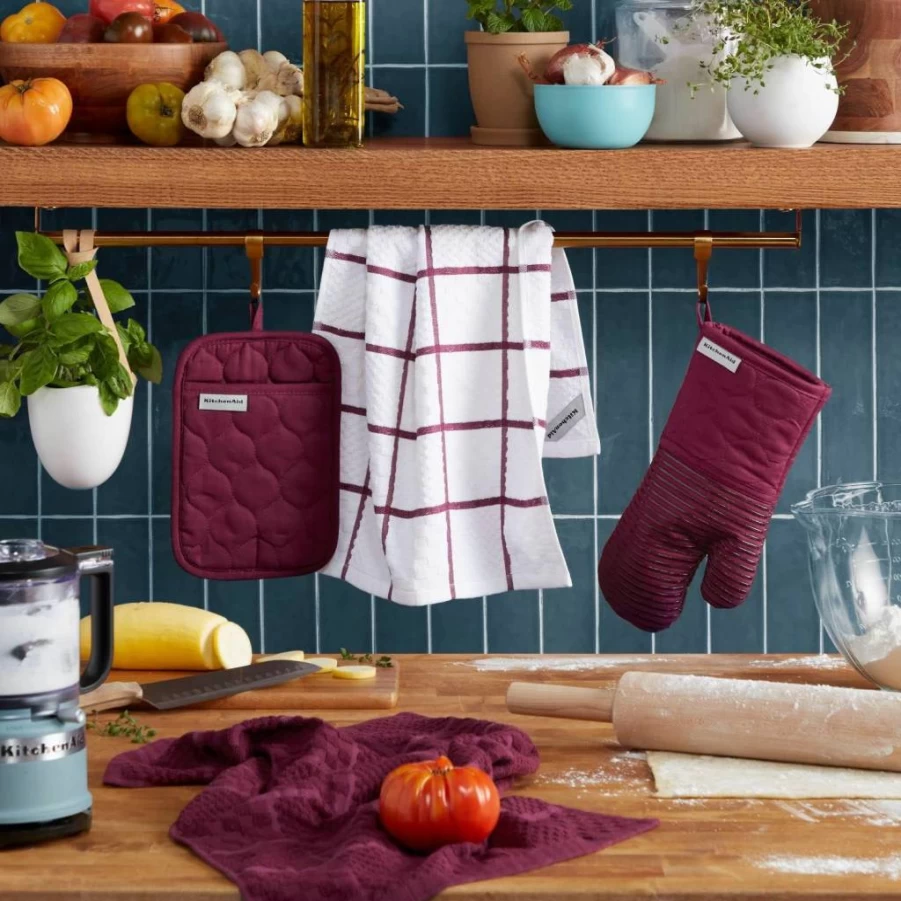 KitchenAid Heat Resistant Quilted Cotton Oven Mitt and Pot Holder Set, 16"x26" Towel with 7"x13" & 7"x10" Mitts, Passion Red, Premium Terry Cloth Kitchen Accessories