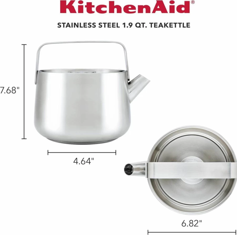 KitchenAid 1.9 Quart Brushed Stainless Steel Whistling Tea Kettle - Classic Stovetop Kettle for Tea & Coffee