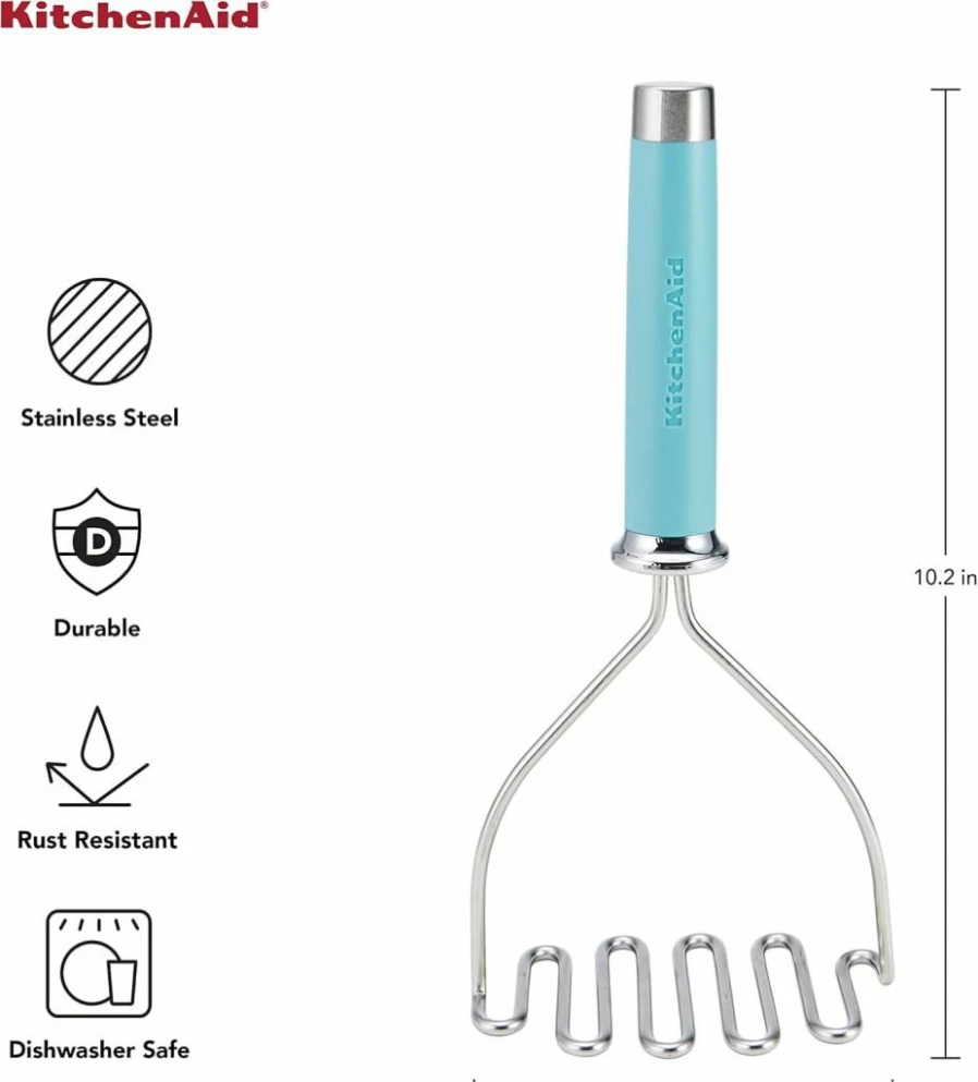 KitchenAid 10.24-Inch Stainless Steel Potato Masher, Aqua Sky - Gourmet Wire Hand Tool for Smooth Purees & Creamy Mashed Potatoes