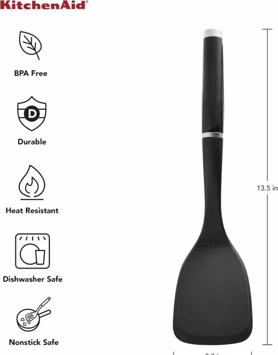 KitchenAid Classic Black Solid Turner Spatula - 13.5 x 3.3 Inch Kitchen Utensil for Cooking and Baking