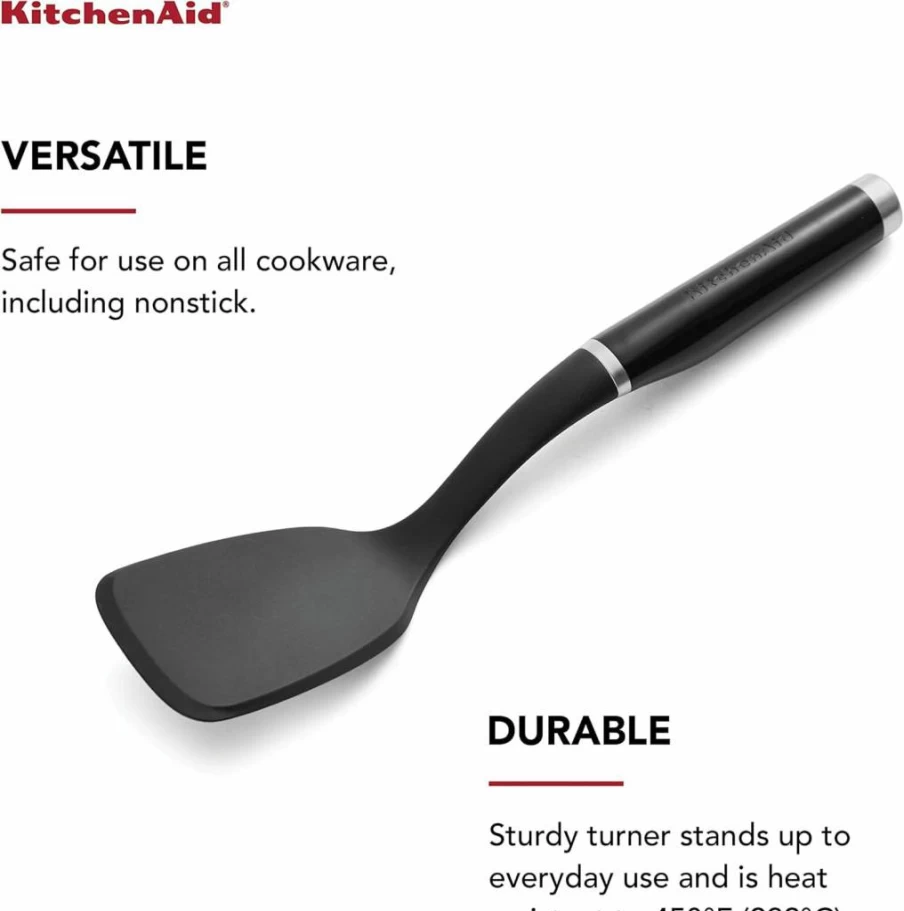 KitchenAid Classic Black Solid Turner Spatula - 13.5 x 3.3 Inch Kitchen Utensil for Cooking and Baking