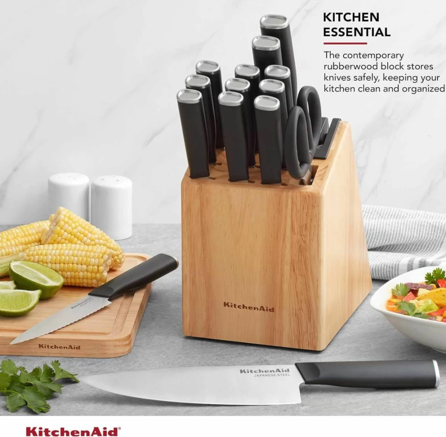 KitchenAid 8-Inch Serrated Bread Knife - High-Carbon Japanese Stainless Steel Blade with Protective Cover, Sharp Black Kitchen Knife for Slicing Bread and Pastries