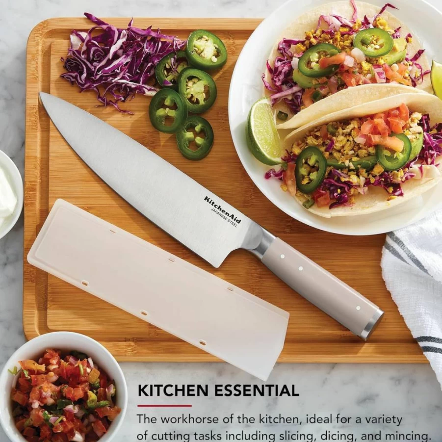 KitchenAid 5 Inch Santoku Knife - High-Carbon Japanese Stainless Steel Blade, Ergonomic Handle, Professional Sharp Kitchen Knife with Custom Cover, Milkshake Color