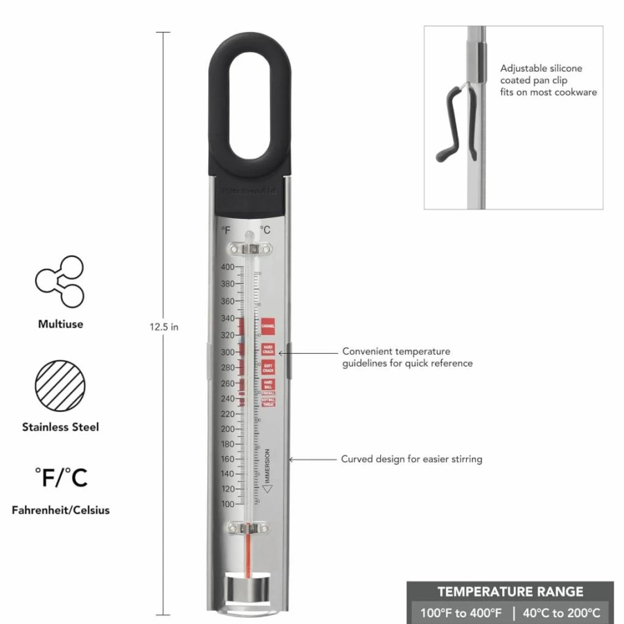 KitchenAid KQ907 Stainless Steel Candy & Deep Fry Thermometer with Pan Clip, 100°F to 400°F Range, Black - Accurate Cooking Thermometer for Baking, Frying, and Candy Making