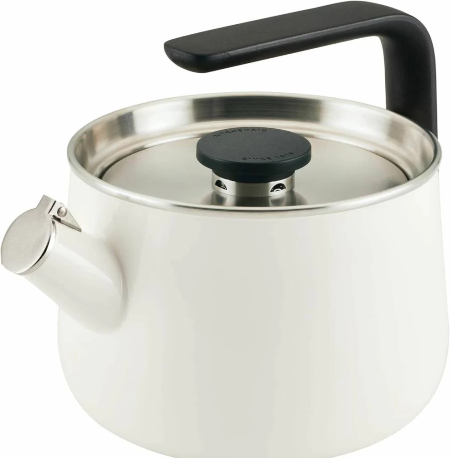 KitchenAid 2 Quart White Enamel-On-Steel Whistling Tea Kettle - Induction Ready Stovetop Kettle with Stainless Steel Lid