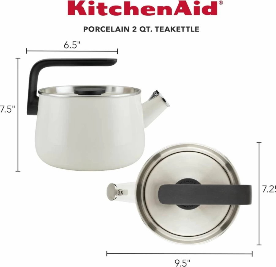 KitchenAid 2 Quart White Enamel-On-Steel Whistling Tea Kettle - Induction Ready Stovetop Kettle with Stainless Steel Lid